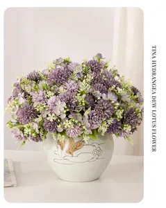 Artificial hydrangea pom pom flower bouquet in ceramic vase for home decor tabletop decoration