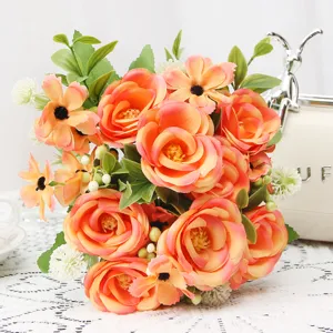 Artificial Flowers Rose Camellia Bouquet Silk Plastic Fake Flowers For Home Decor Wedding Party Floral Arrangement