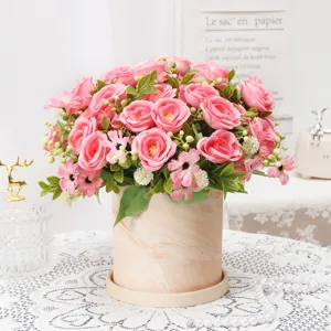 Artificial pink roses bouquet in marble pattern pot home decoration floral arrangement
