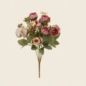 Artificial rose and daisy bouquet, elegant faux floral arrangement for home decor and wedding party.