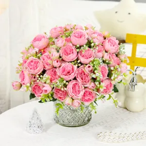 Bouquet de fleurs de pivoine artificielle rose avec vase en verre pour décoration