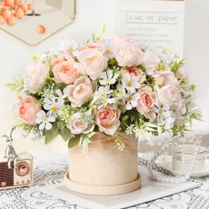 Artificial silk peony flower bouquet with pot for home office wedding room table party decor