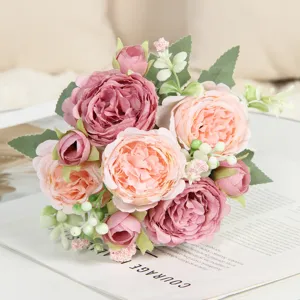Bouquet di Fiori di Rose Artificiali 5 Teste Falsa Peonia per la Decorazione Matrimonio