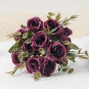 Bouquet di rose in seta artificiale fiori viola scuro realistici decorazioni cas