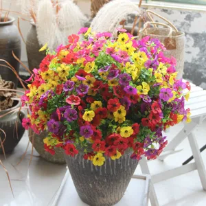 Artificial flower bouquet violet potted plant for home decoration and room interior styling.