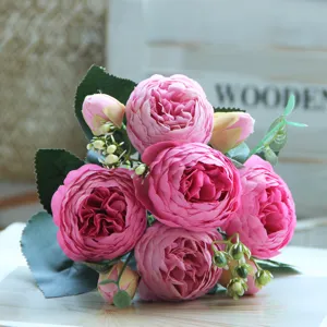 Artificial pink peony rose flower bouquet detail, 5-head floral decor for home wedding.