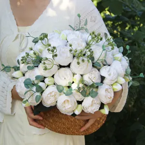 Detailed view of white artificial peony rose flower bouquet, perfect for home decor and wedding.