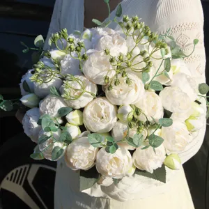 Artificial white peony rose flower bouquet detail, ideal for home decor and wedding setup.