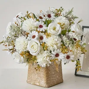 Künstlicher weißer Rosen und Gänseblümchen Blumenstrauß im Topf für Heimdeko und Hochzeit