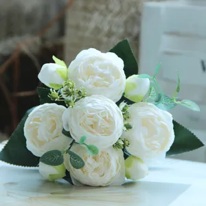White artificial peony rose bouquet 5 heads fake silk flowers for home wedding decor