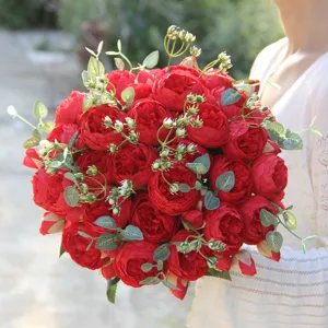 Korean style artificial red peony rose flower bouquet home wedding decorative floral arrangement