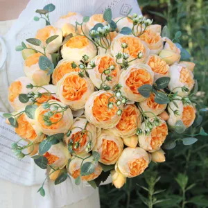 Artificial orange rose peony bouquet fake flowers for home and wedding decor detail