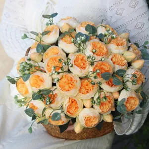 Artificial peony rose flower bouquet faux floral arrangement in woven basket for decor
