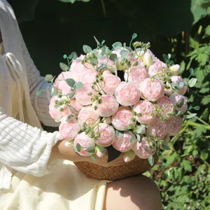 Artificial rose bouquet silk peony flowers detail view for home wedding decor arrangement.