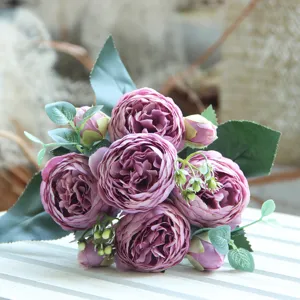 Artificial peony flower bouquet purple fake rose small bundle for home wedding decoration details