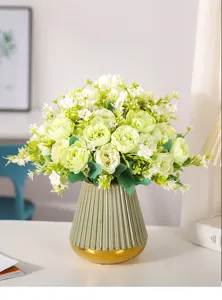 Artificial green peony flower bouquet detail, elegant home decor flower arrangement close up