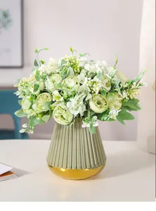 Artificial peony flower bouquet with decorative vase for home decor and wedding arrangement.