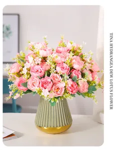 Artificial pink peony hydrangea flower bouquet home decor floral arrangement in ceramic vase