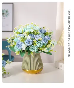 Artificial blue hydrangea peony flower bouquet with gold vase for home decor detail view.