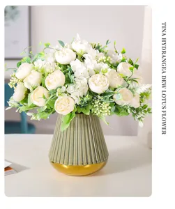 Artificial peony hydrangea flower bouquet in ceramic vase for modern home decor