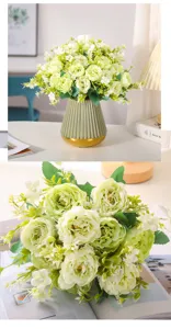 Detailed close-up view of artificial green peony flower bouquet for home decor and display.