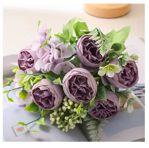 Exquisite artificial peony bouquet detail, purple faux flowers for home decor and wedding.