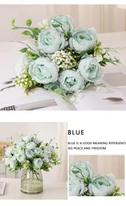 Detailed view of handmade artificial peony flower bouquet with vase, perfect for home decor.
