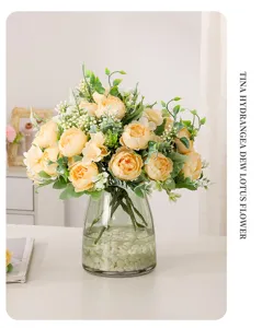 Beautiful Artificial Peony Flower Bouquet in Glass Vase Fake Floral Home Decor
