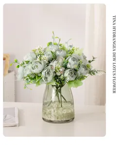 Exquisite artificial silver snow peony flower bouquet with glass vase for home wedding decor.