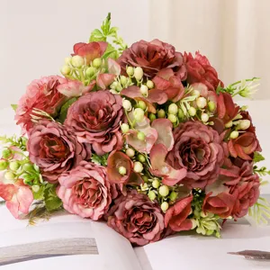 Bouquet di Fiori Artificiali Peonia in Seta Rosa Composizione di Fiori Finti Per Casa Matrimonio Decorazione Centro Tavola