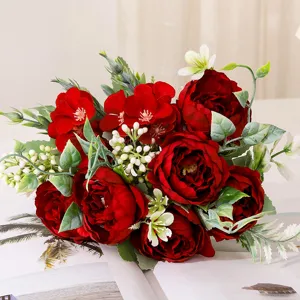 Artificial red peony flower bouquet for home wedding decoration, silk floral arrangement ornament.