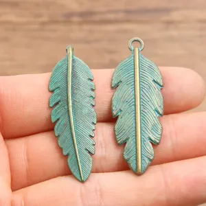 Vintage Bronze Green Feather Alloy Pendant DIY Jewelry Making Connector Charm Component