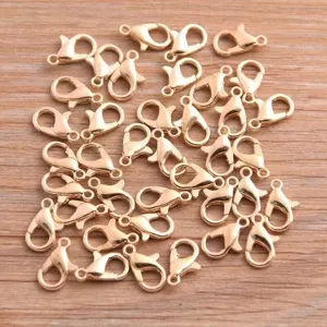 Gold lobster clasps detail closeup, 8x12mm DIY metal jewelry findings for bracelets and necklaces