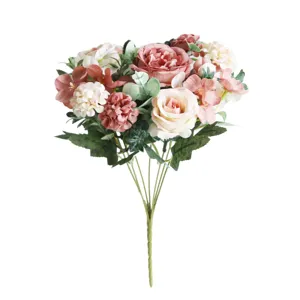 Artificial flower bouquet vintage pink rose peony hydrangea wedding home decor DIY floral arrangement