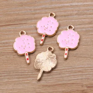 Pendentif breloque barbe à papa rose en alliage, détail émail or KC bijoux DIY 14x24mm