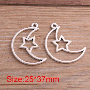 Vente en gros DIY alliage bijoux accessoires pendentif lune et étoile creuse 25x37mm