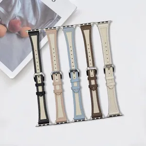 Genuine Leather And Canvas Replacement Watch Band Strap Compatible With Apple Watch Small Waist Design Metal Buckle