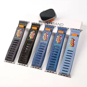 Denim Canvas Smart Watch Band Strap With Velcro Closure Sport Graffiti Style Compatible For Apple Watch