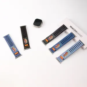 Denim canvas velcro replacement watch band compatible with Apple Watch, stylish sports strap loop.