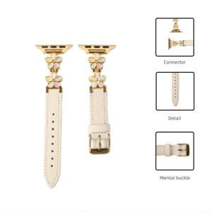 Cinturino in pelle per Apple Watch con dettagli dorati e fiori colorati, ricambio elegante.