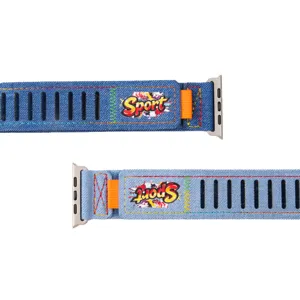Denim hook loop watch band compatible with Apple Watch, featuring sport graphics and holes.