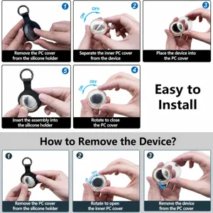 Silicone protective case detail for Airtag compass locator, showing easy installation steps.