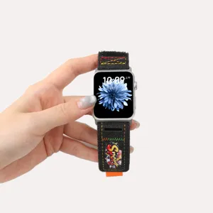 Denim velcro replacement strap detail for apple watch with graffiti and stitching