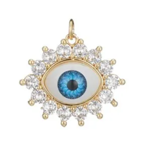 14K Gold Plated Evil Eye Pendant Enamel Pave Cubic Zirconia Sunburst DIY Jewelry Charm