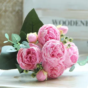 5-head artificial peony rose flower bouquet pink fake flowers for home wedding party decor