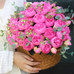 Artificial flower pink peony rose bouquet with eucalyptus leaves for home wedding decor
