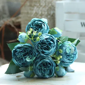 Blue artificial peony bouquet faux silk roses flower arrangement home decor wedding floral display