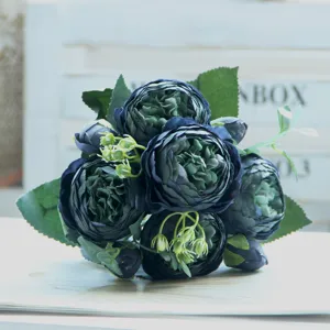 Artificial dark blue peony bouquet silk rose fake flowers for home wedding decoration detail view.