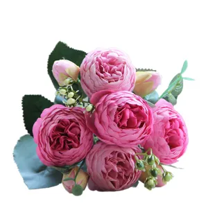 Artificial silk rose bouquet pink peonies 5 heads flowers for home wedding decor main