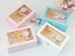 Wooden music box with clear window, cute cartoon design, perfect creative gift and home decor.
